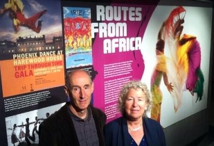 A man, Ramsay,  and a woman, Christy, stood in the British dance: Black routes exhibition
