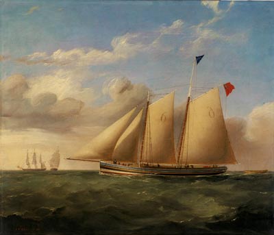 oil painting of a masted ship on a green sea against a blue sky