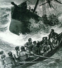 black and white drawing of a life boat being rowed towards a ship in a storm