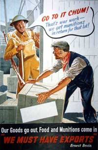 Poster showing a soldier talking to a man carrying a box