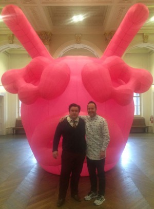 Matt and John Walter by a huge pink inflatable sculpture
