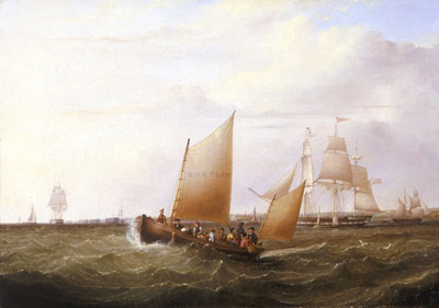 painting of people in a small sailing ship at sea