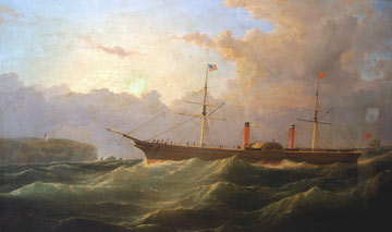 painting of a paddle steamer in rough sea