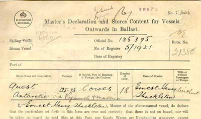 Detail of customs document completed by Shackleton