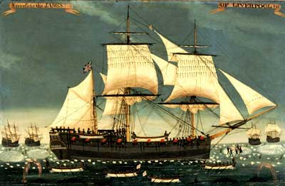 painting of a black sailing ship with small details of whales being harpooned and seals being clubbed.