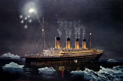 painting of a large ship sinking at night