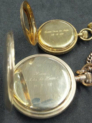 Backs of watches showing date of their wedding and engraved inscriptions â€˜From Tom to Adaâ€™ and â€˜From Ada to Tomâ€™