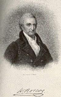 old black and white drawing of a man in formal dress with his signature beneath, reading 'W. Roscoe'