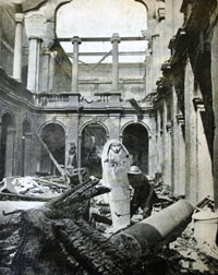 Black and white photo of interior of museum after being bombed