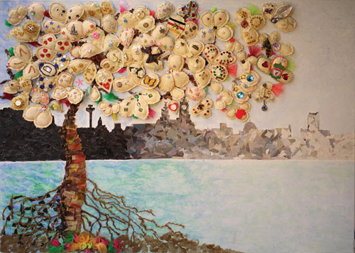 tree collage artwork with Liverpool waterfront in background