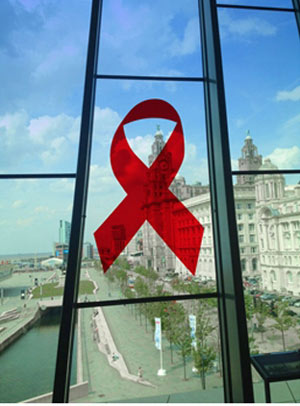 red ribbon in the Museum of Liverpool window