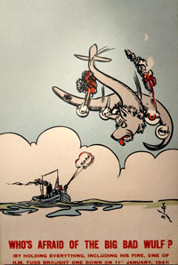 cartoon showing a boat shooting a plane with a wolf's head