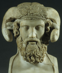 Head and shoulders sculpture of a man with horns