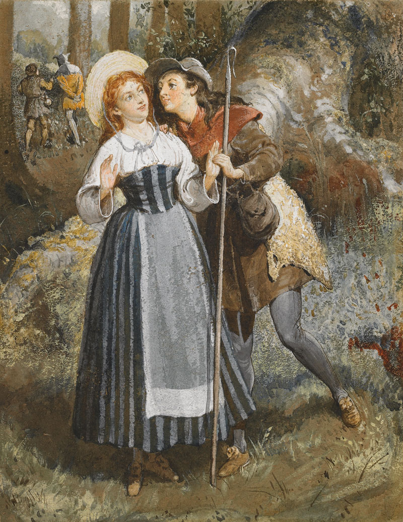two women, dressed as a shepherdess and a man, in a forrest with jester in background