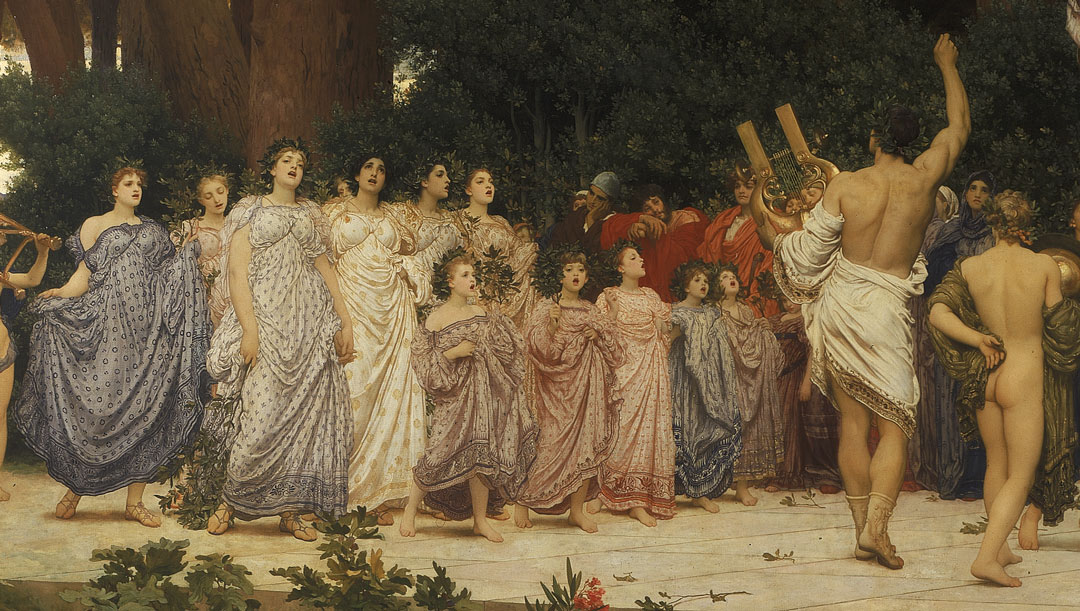 singers in classic robes led by a man in a toga carrying a harp like musical instrument