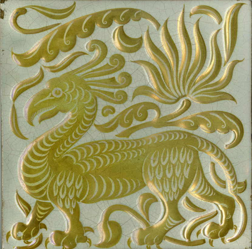 Ceramic tile with griffin image in gold