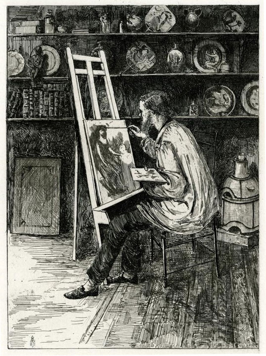 William De Morgan painting at an easel, with ceramics on a shelf in the background