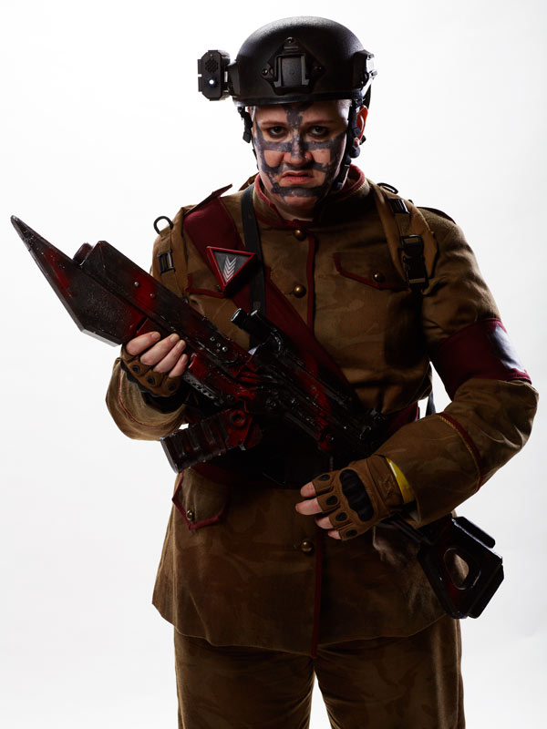Bethany Black in her marine costume for her Doctor Who character