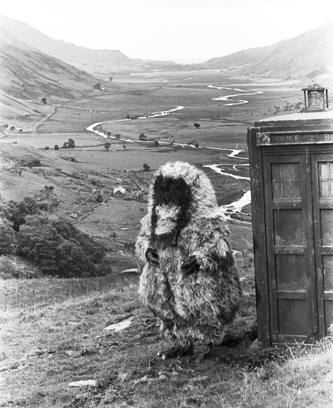 Large round furry creature stood next to the TARDIS, an old police box, on a hillside with a valley behind it