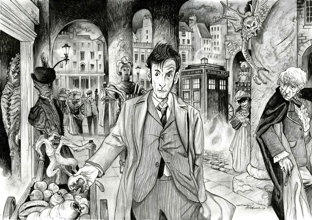 drawing of David Tennat and Jon Pertwee's Doctors surrounded by many Doctor Who monsters