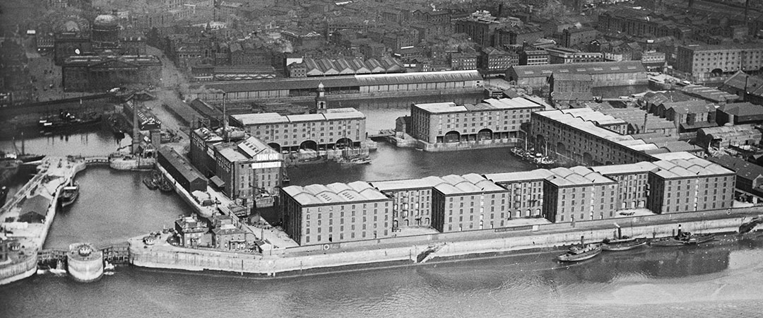 aerial photo of Liverpool's waterfront and docks