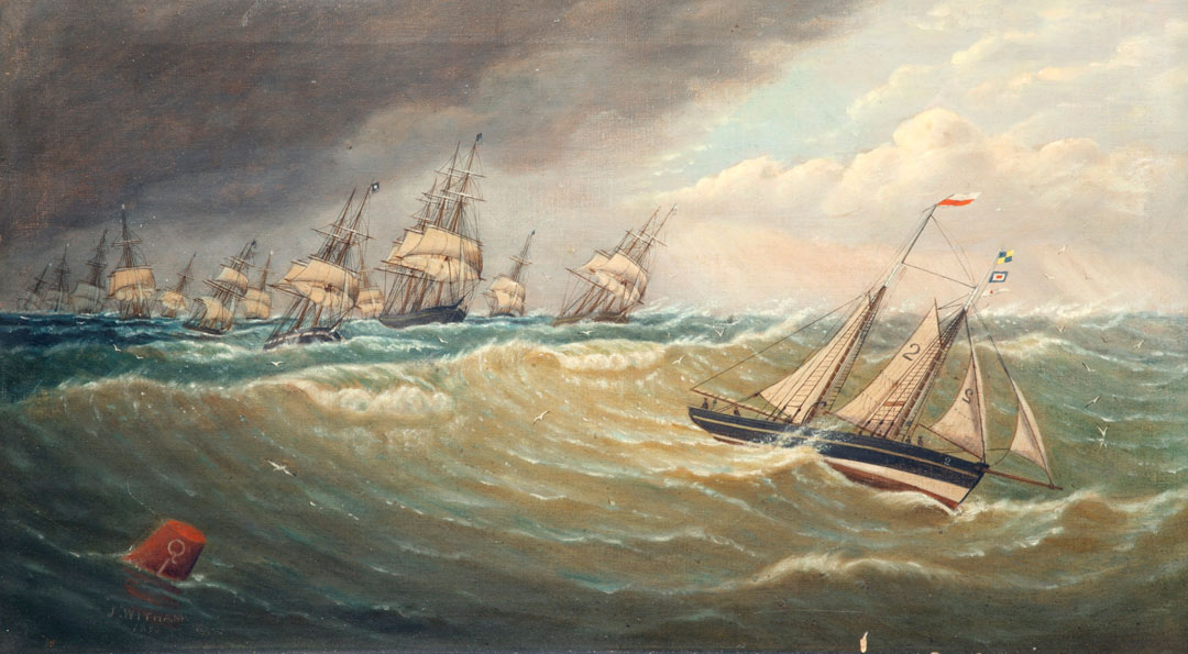 fleet of ships following a sailing ship through rough sea