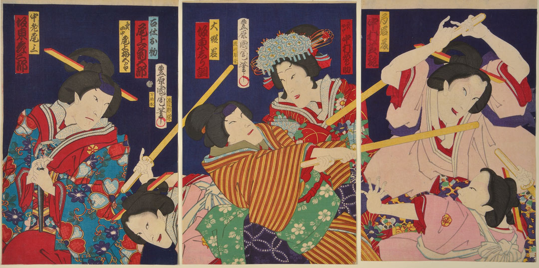 Japanese print of women fighting with sticks