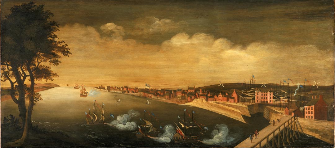 View of old Liverpool across the river, with ships approaching a long wooden pier