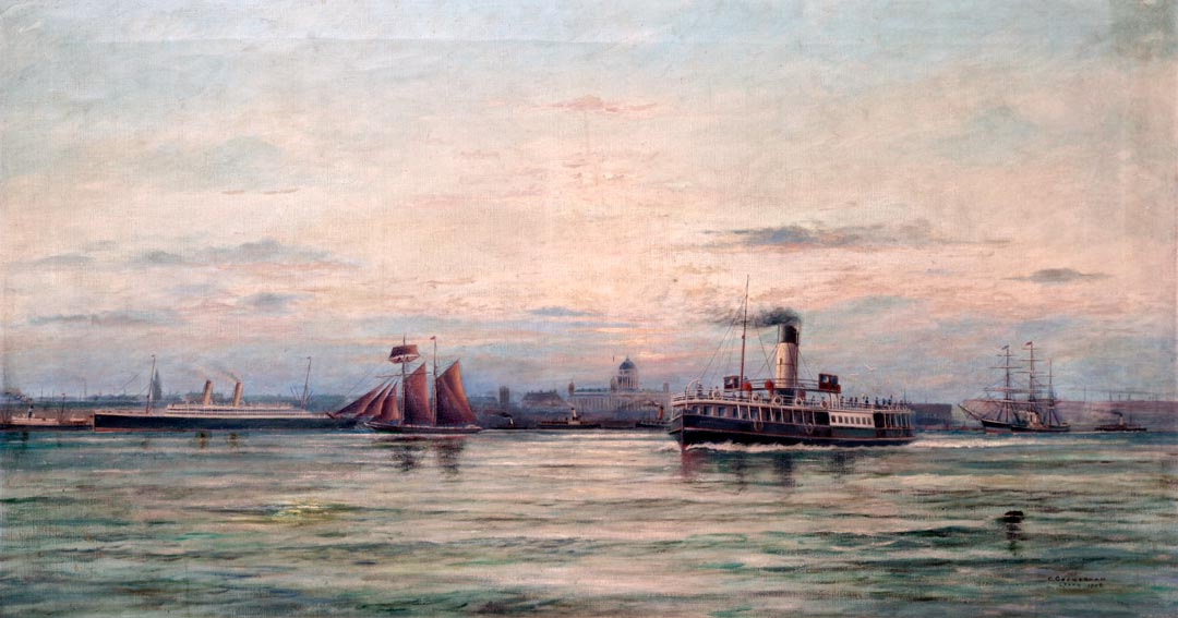 Large ships in the river with Liverpool in the background