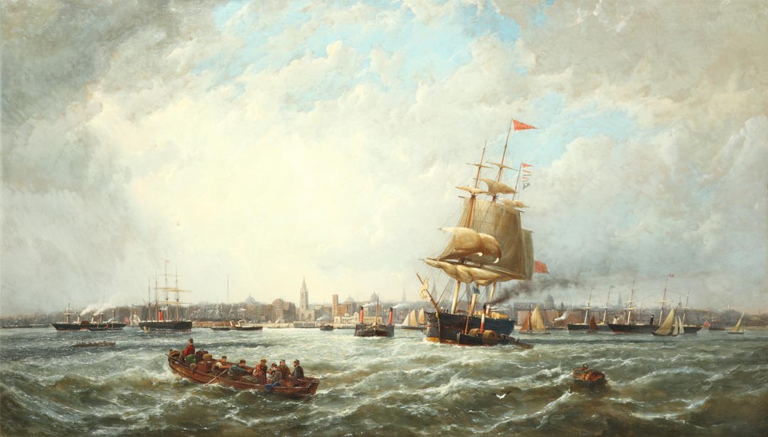 Sailing ships and rowing boats on a rough river with Liverpool in the background