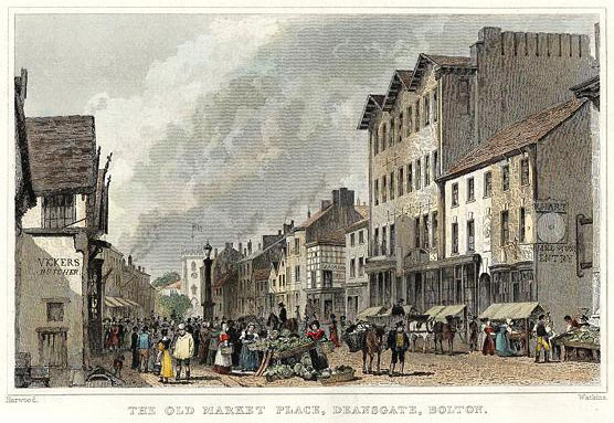 postcard illustration showing a busy street with market stalls dwarfed by tall buildings