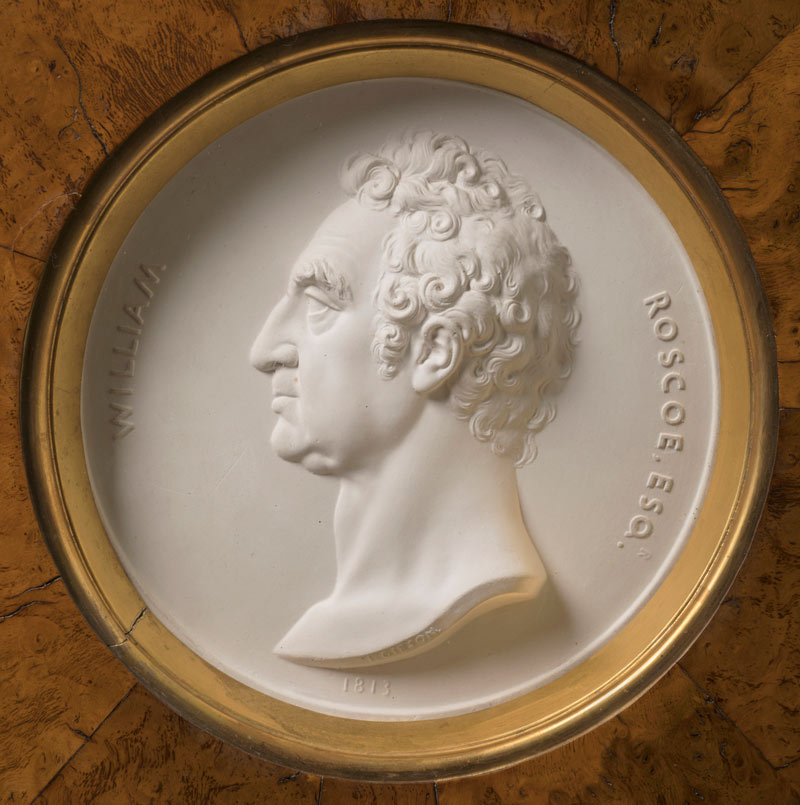 marble plaque of William Roscoes' head in profile