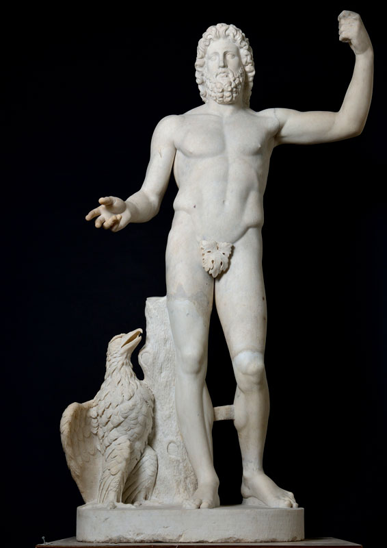 statue of Jupiter standing with one arm raised as if holding a staff and an eagle at his feet looking up at him