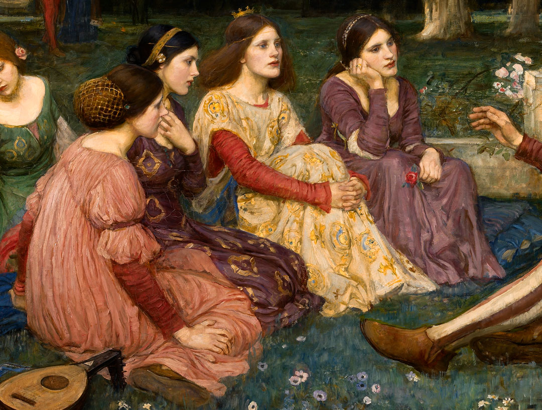 four women in medieval gowns, sitting on the grass listening intently to a singer
