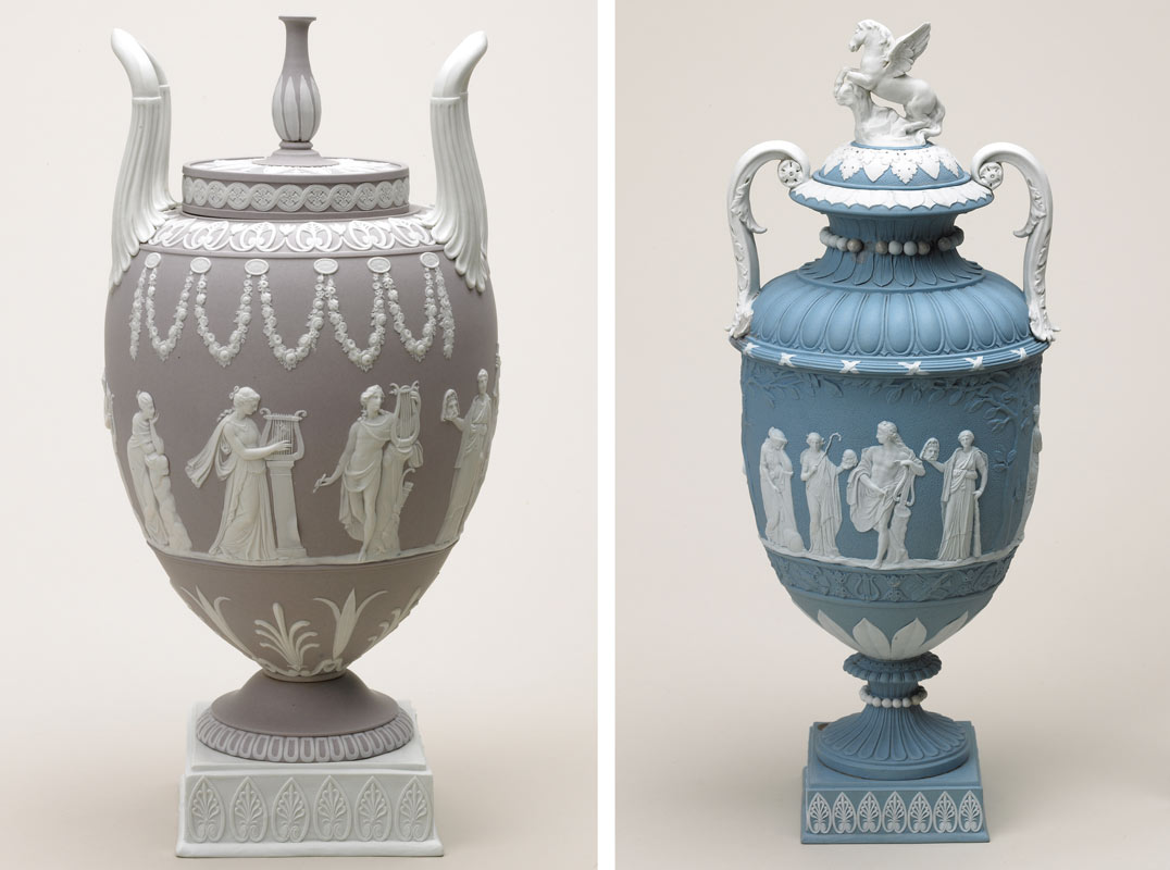 a lilac and a blue Wedgwood vase, both with white relief decoration showing the god Apollo with female muses
