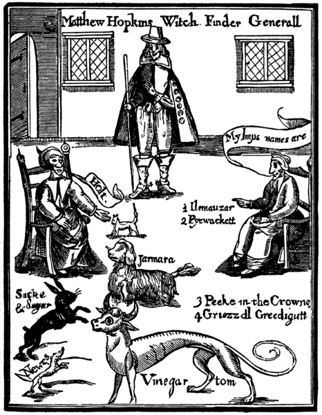 An artwork of Matthew Hopkins witch finder surrounded by witches and their families