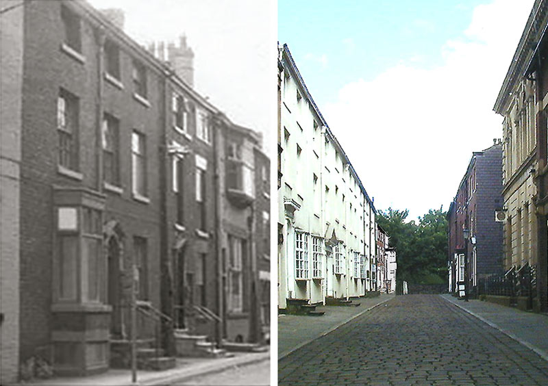 old and recent views of a cobbled street of tall terraced houses