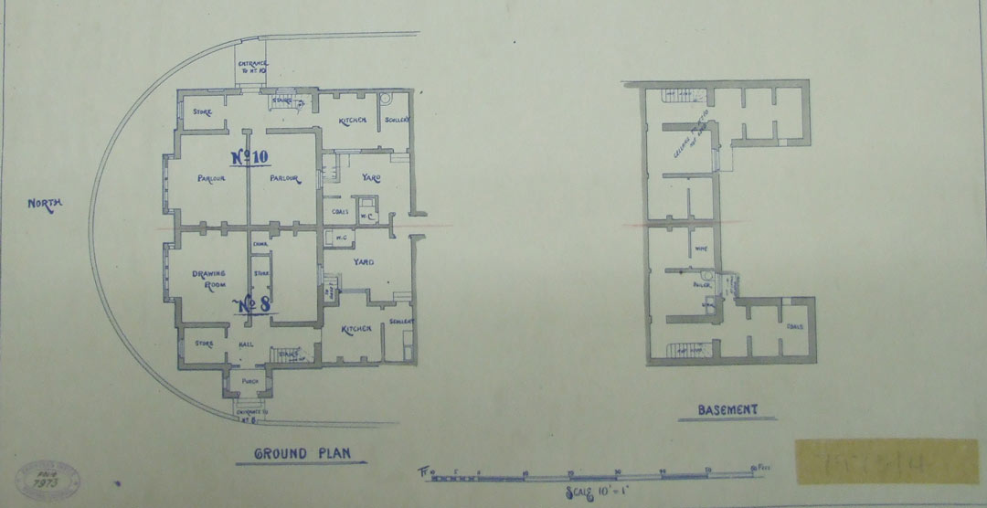 plan of the ground floor and basement of two houses