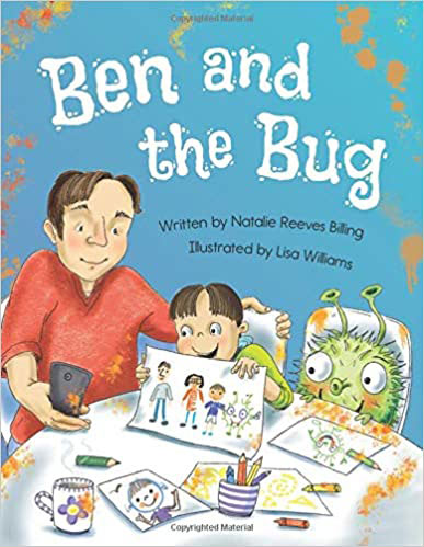 Children's book cover with picture of a family and big green bug