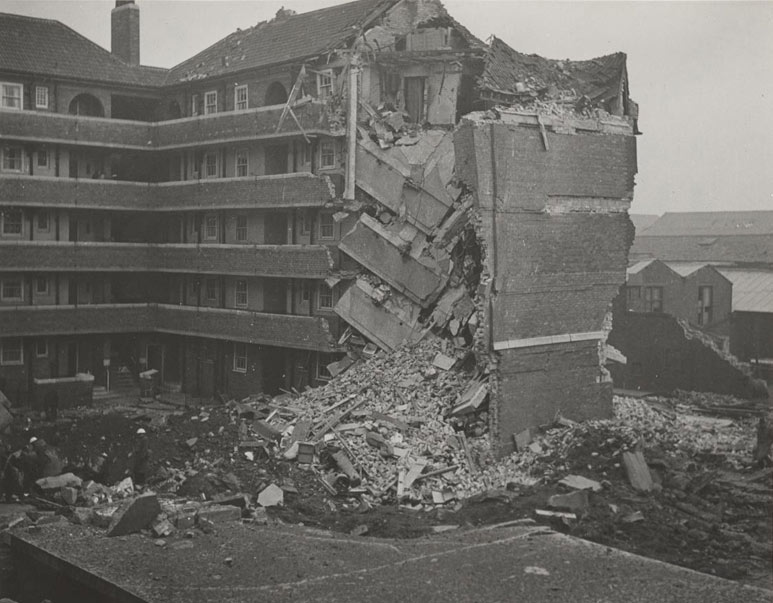 block of flats with the end destroyed by bombing