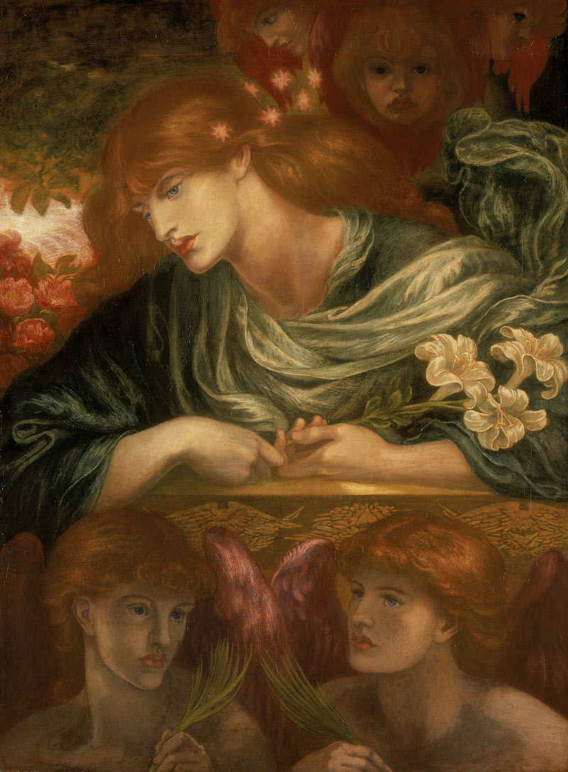 sad woman holding flowers, surrounded by angels