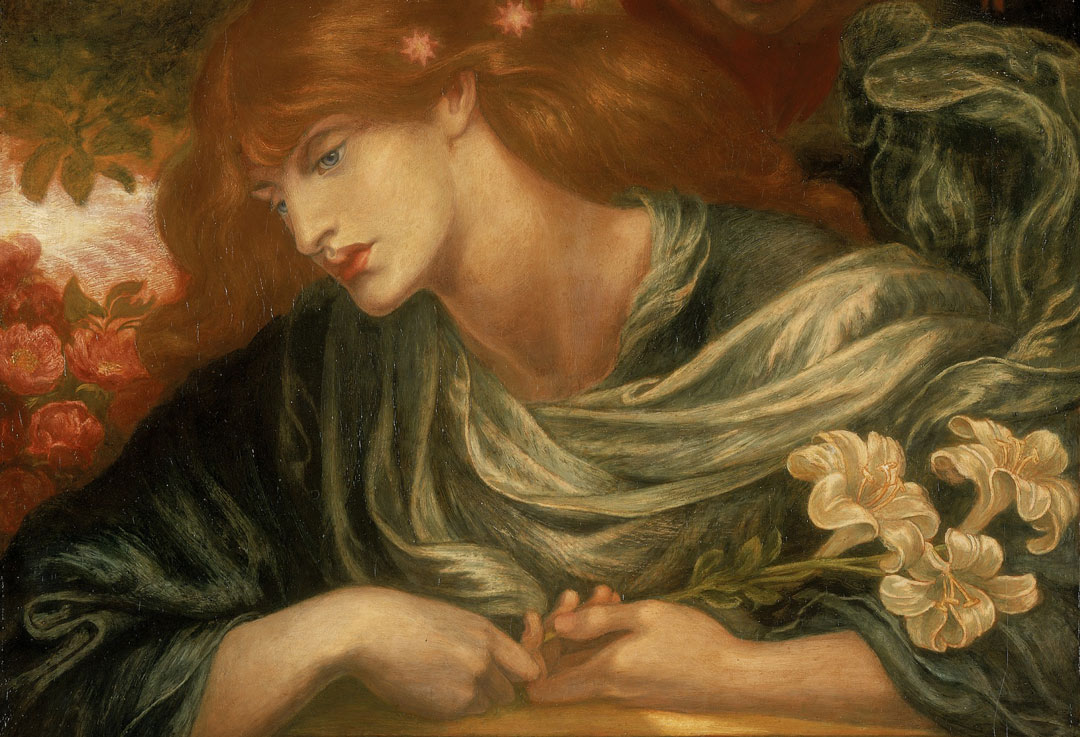 woman with long red hair in a flowing green dress, holding lillies