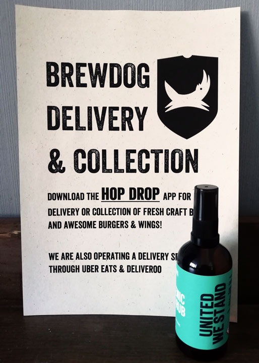 hand sanitiser with notice about brewery delivery service
