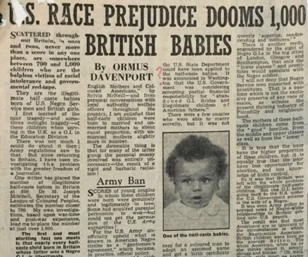 newspaper article with headline 'US race prejudice dooms 1,000 British babies' and photo of a Black baby