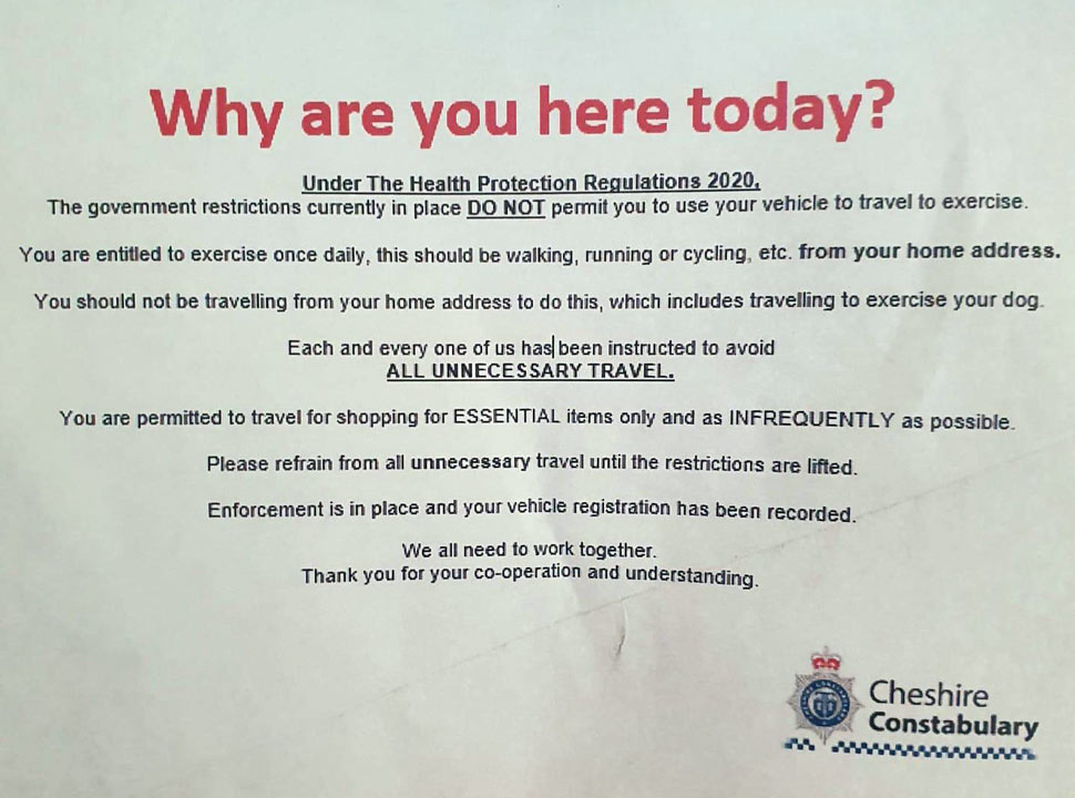 notice headed 'Why are you here?' with details of travel restrictions during lockdown