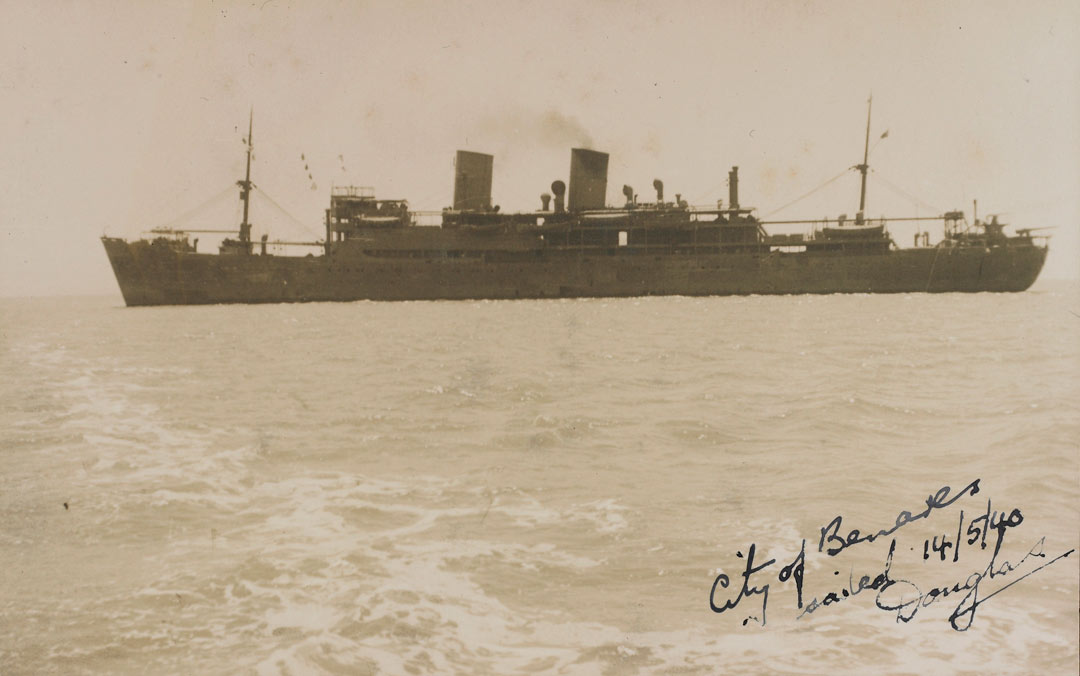 The ship City of Benares at sea with hand written note