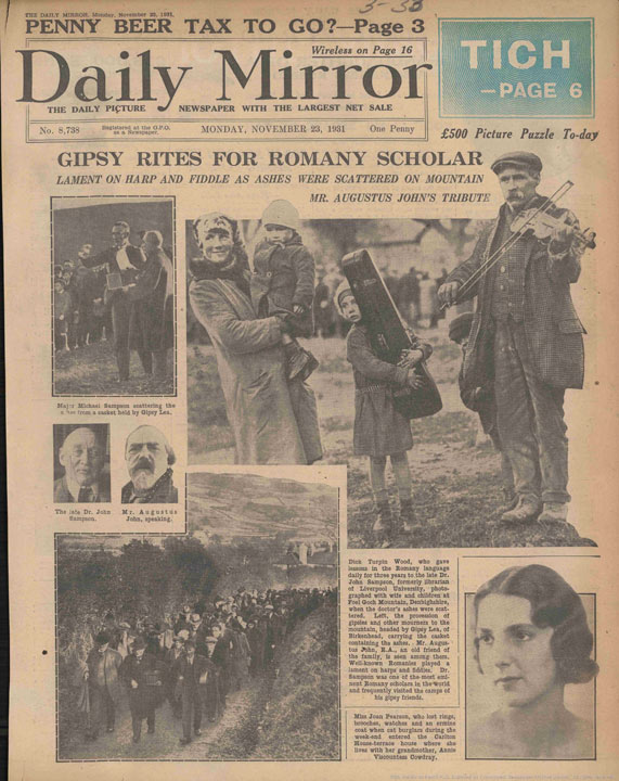 Daily Mirror front page, with 'Gipsy rites for Romany scholar' headline for main story and several images of Sampson's funeral 