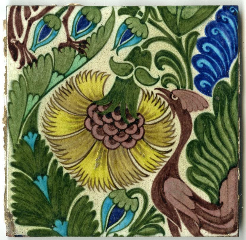 Glazed tile with floral pattern and flamingo