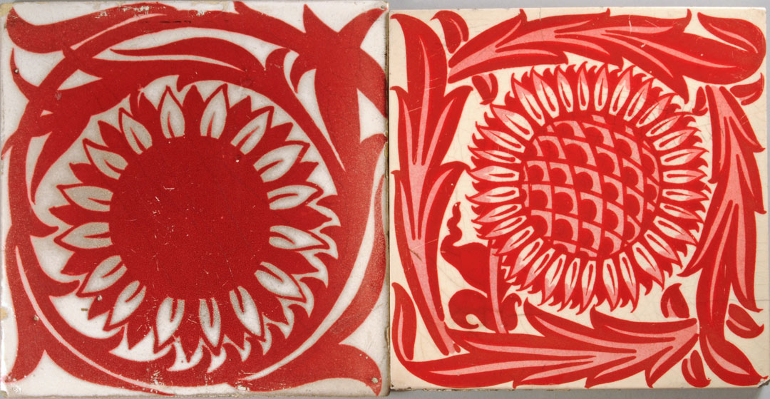 two similar tiles with sunflower design, the left one simpler and the right one more detailed 
