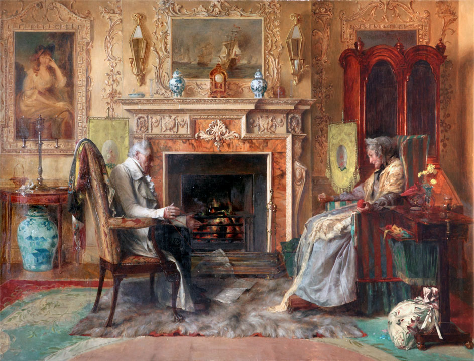 elderly couple sat in armchairs by a fire, the man is helping his wife to wind a ball of wool